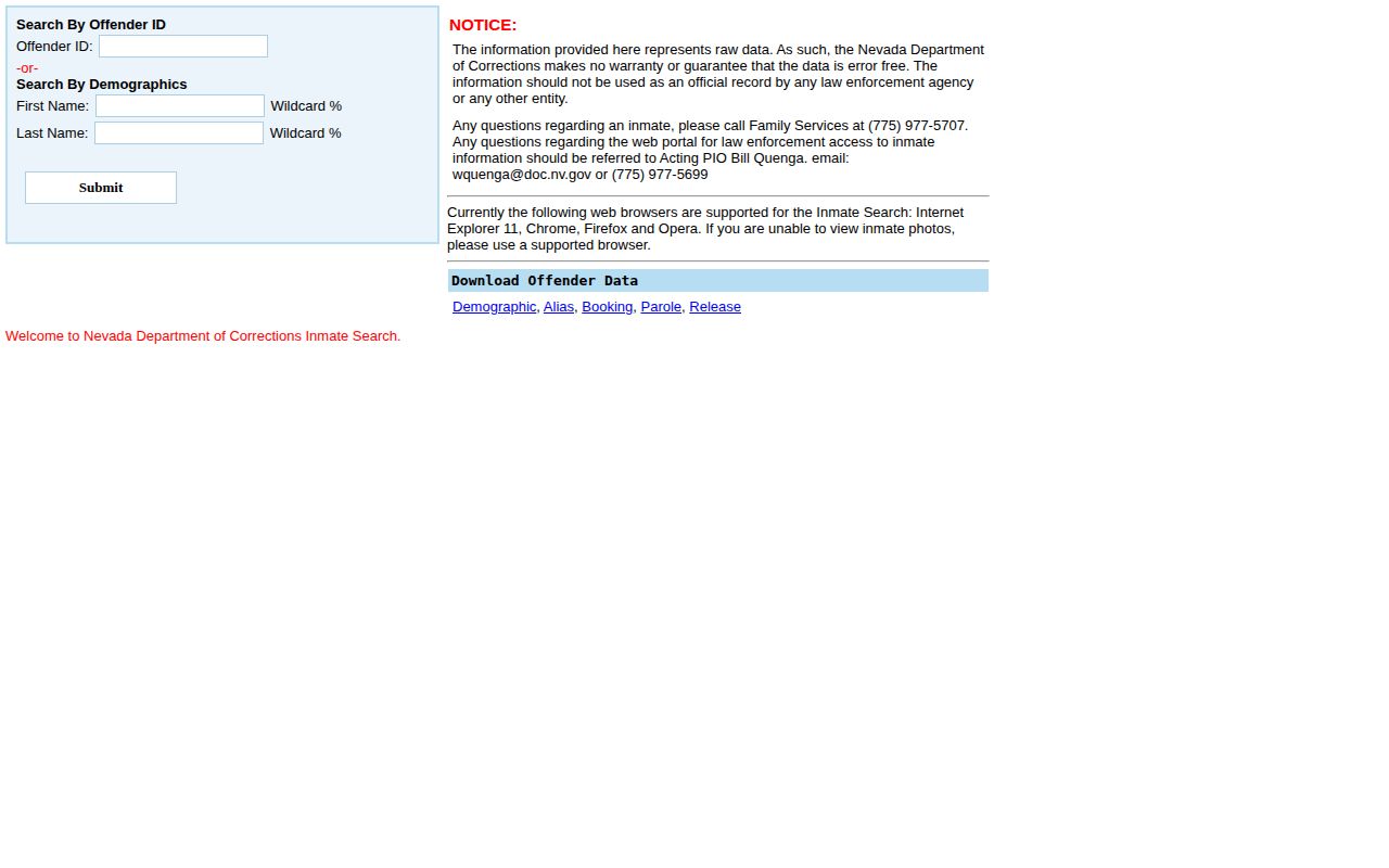 Eureka County released inmate search on the Nevada Department of Corrections form