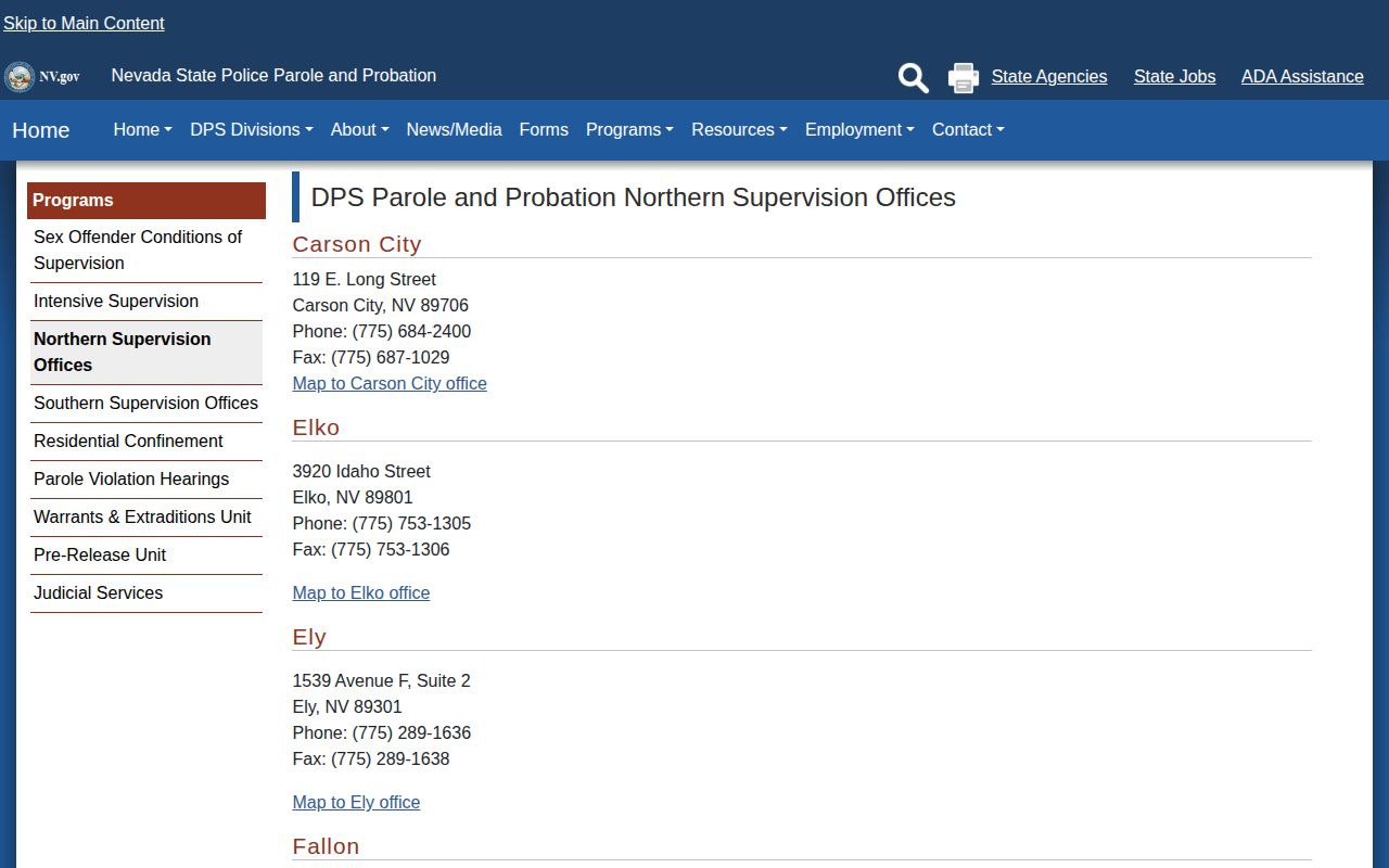 Nevada Parole and Probation Northern Supervision Offices page