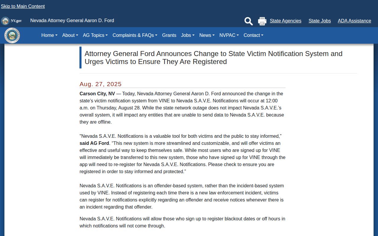 Nevada VINE to S.A.V.E. transition for Eureka County release alerts